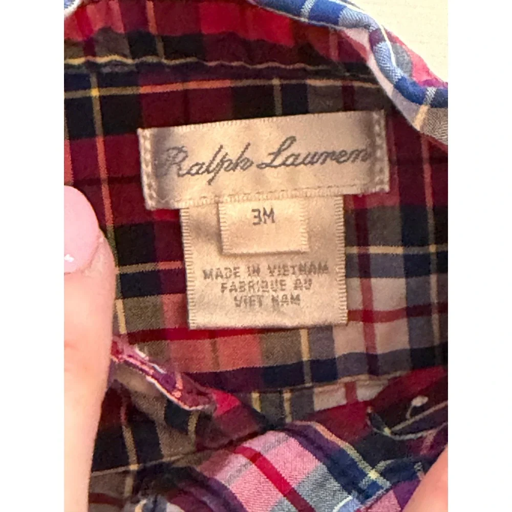 Ralph Lauren Baby Boys Plaid Button Down Shirt 3M Red Blue Pony Logo Cotton